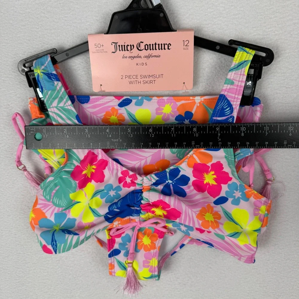 NEW Juicy Couture 2 Piece Swimsuit Kids 12 Pink Colorful Floral Tassel Bikini